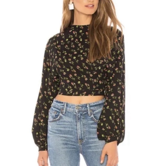 LPA Tops - LPA Black Floral Mock Neck Top - Size XS - Balloon Sleeves, Open Back